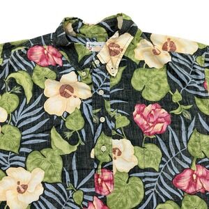 Reyn Spooner Shirt Mens XL Black Floral Short Sleeve Button Up Popover